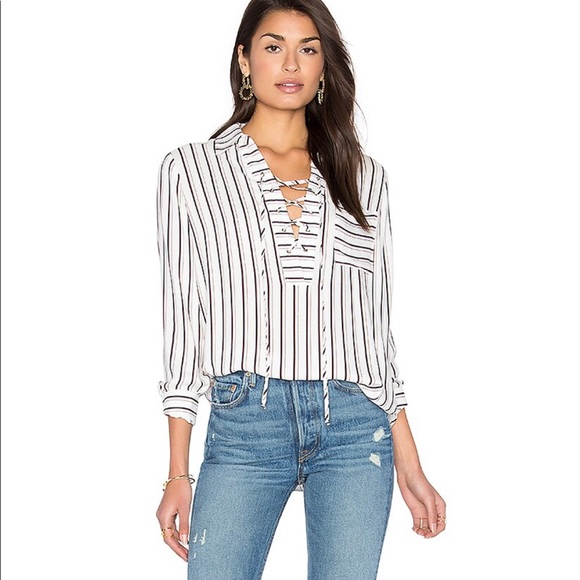 WAYF Revolve Dean striped lace up blouse - Picture 1 of 8